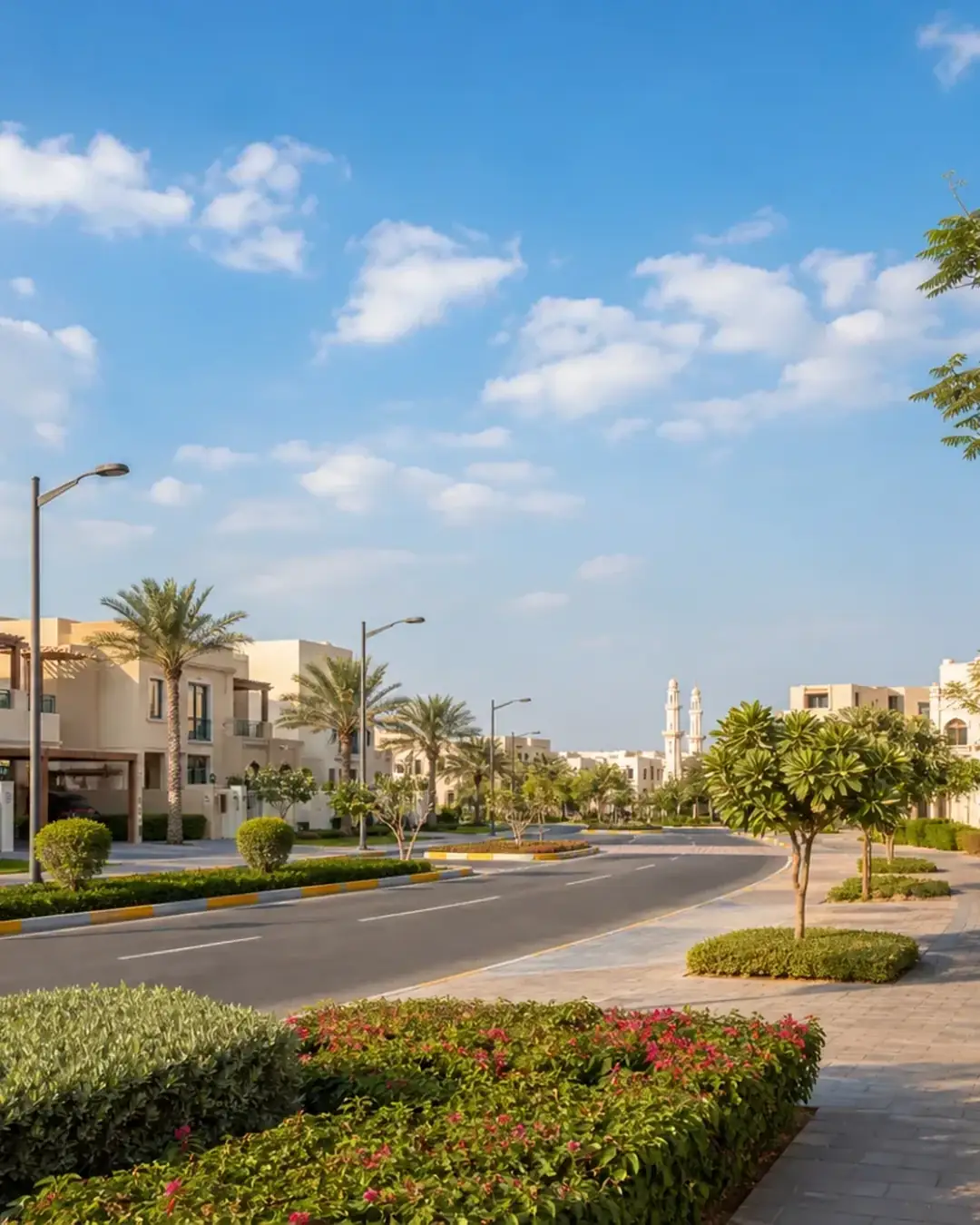 A tree lined residential street in Khalifa City, Abu Dhabi