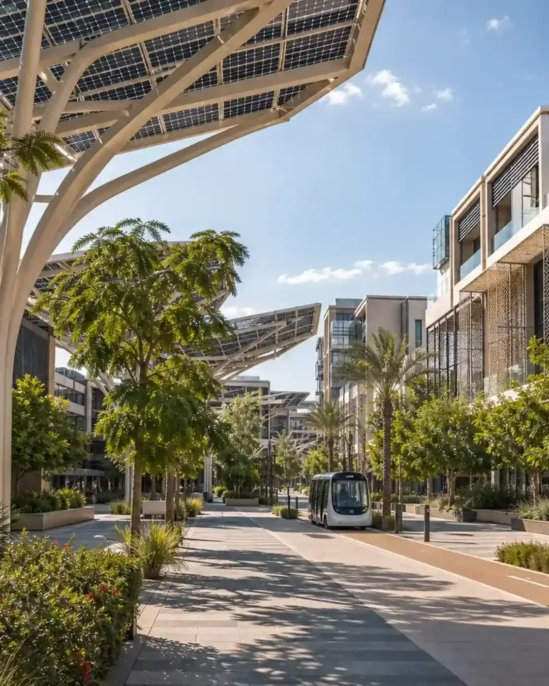 A tree lined street in Masdar City, Abu Dhabi, with low rise apartment buildings
