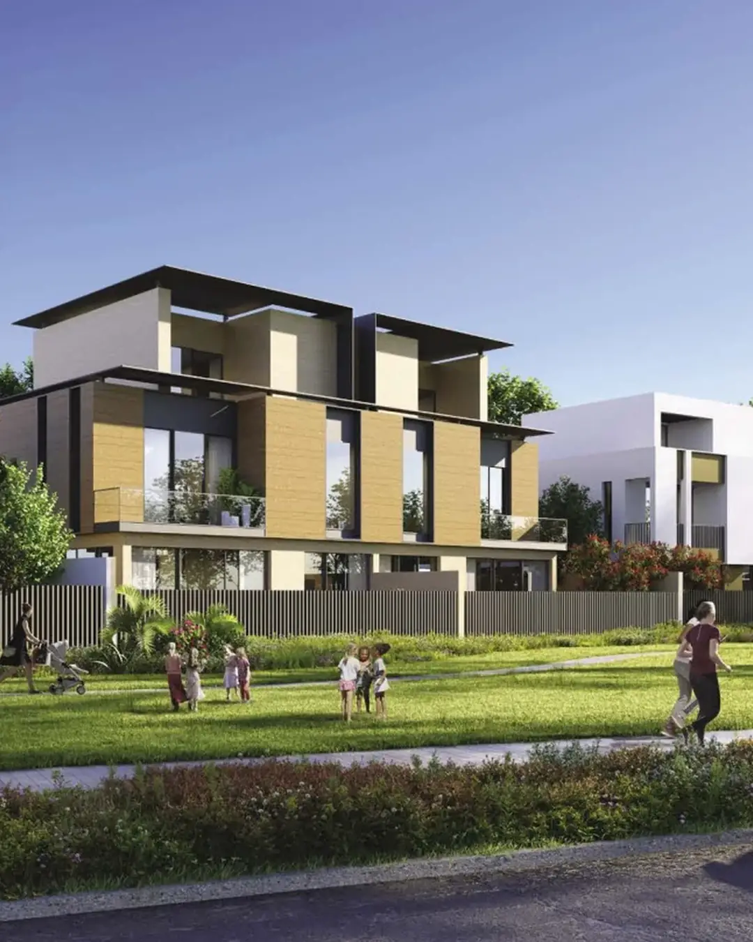 Render of two storey townhouses and twin villas around a lawn at Sunset Valley, Reem Hills, Al Reem Island, Abu Dhabi