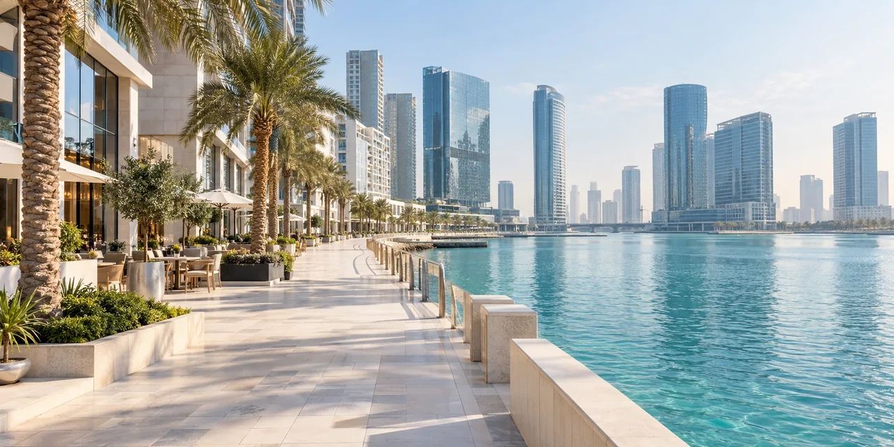 AI illustration of a city waterfront walk inspired by Al Maryah Island