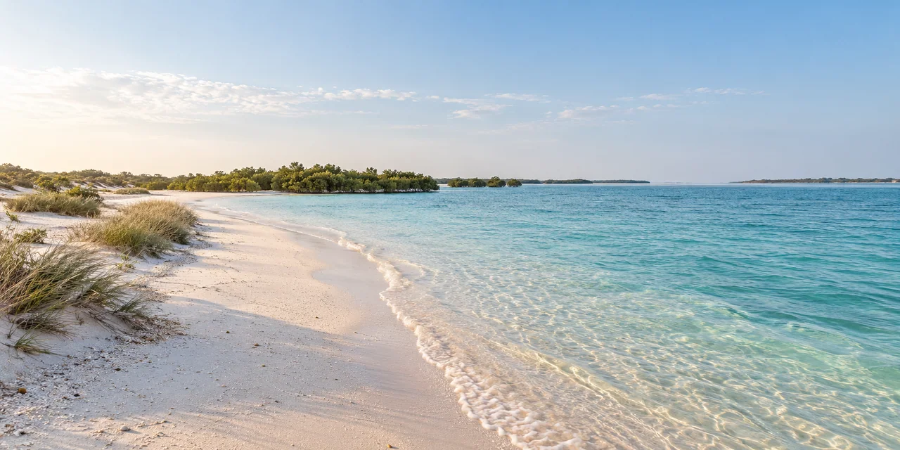 AI illustration of a natural beach and mangroves inspired by Fahid Island