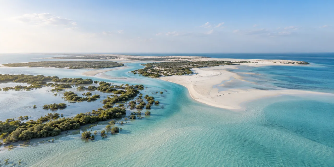 AI illustration inspired by Fahid Island's natural coast, sand and mangroves, not completed developments