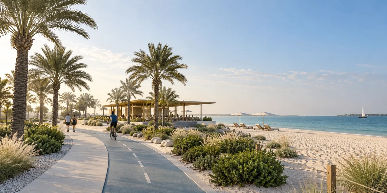 AI illustration of beachside cycling and walking inspired by Hudayriyat Island
