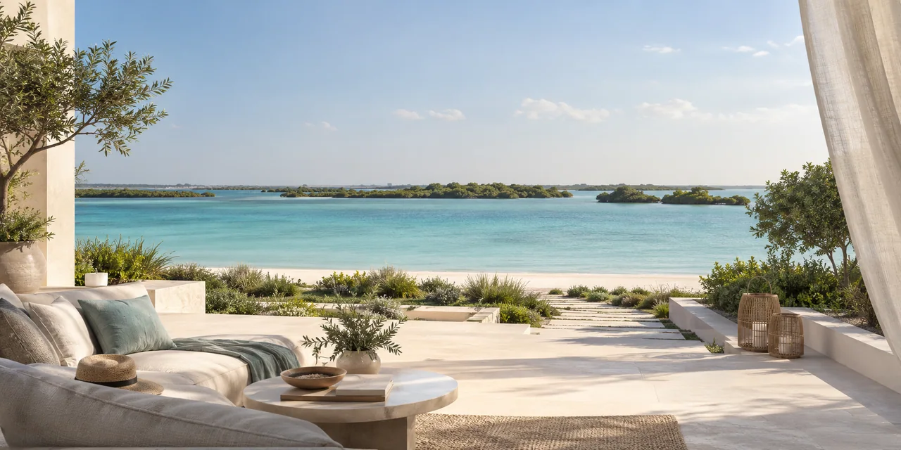 AI concept illustration of a waterfront villa terrace inspired by Ramhan Island, not a listed property