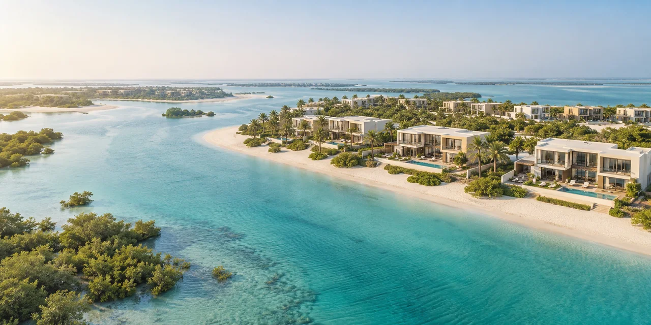 AI concept illustration of coastal villas and mangroves inspired by Ramhan Island, not an actual development photograph