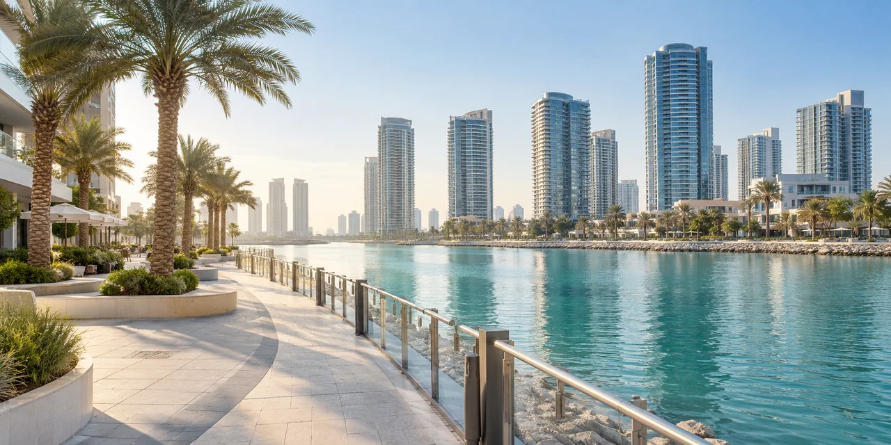 AI illustration of a palm-lined waterfront walk inspired by Al Reem Island