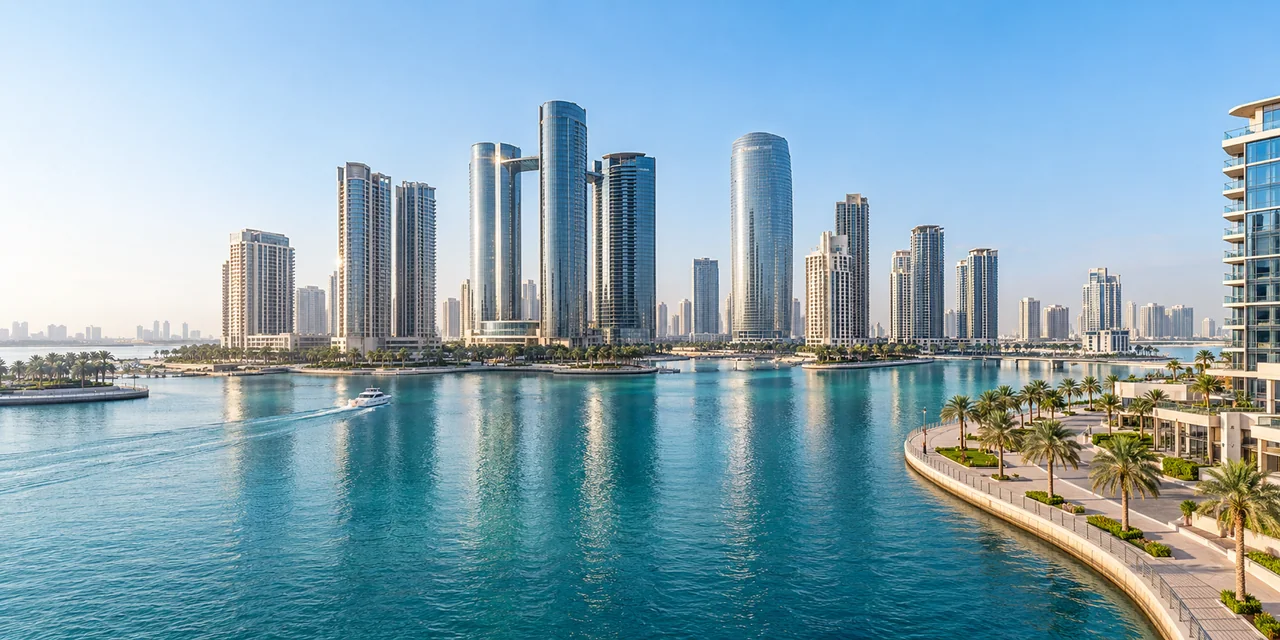AI illustration inspired by Al Reem Island's waterfront and residential skyline
