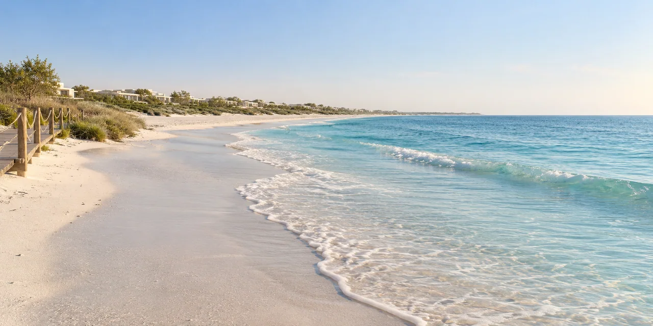 AI illustration of white sand and clear coastal water inspired by Saadiyat Island