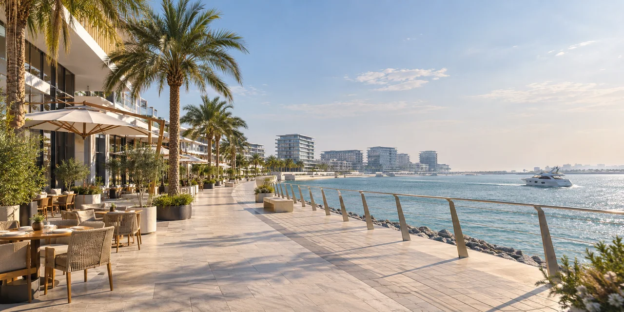 AI illustration of a waterfront promenade inspired by Yas Island