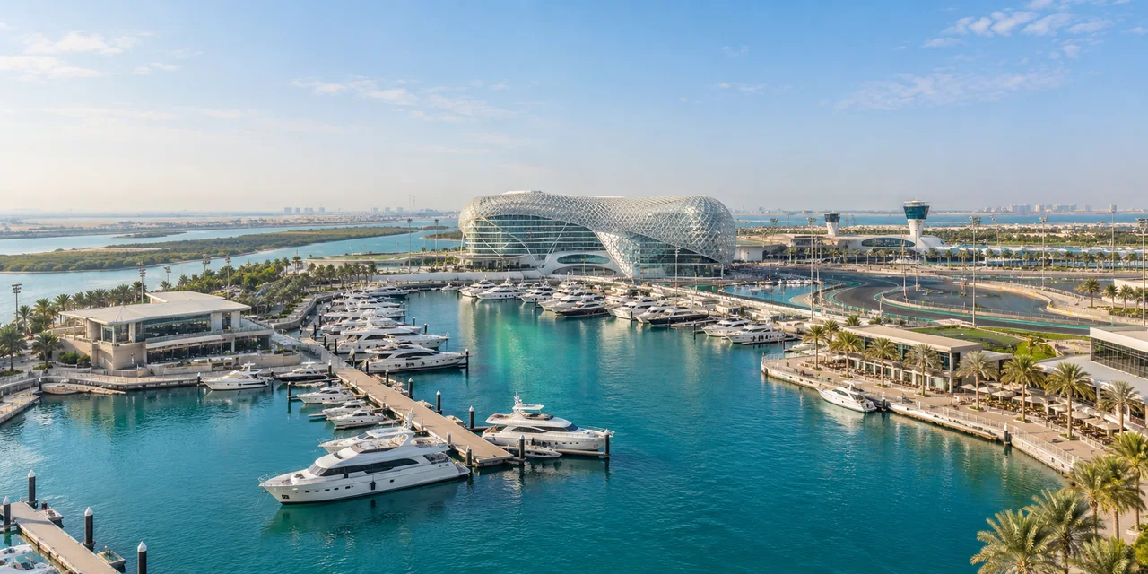 AI illustration inspired by Yas Island's marina and distinctive hotel architecture
