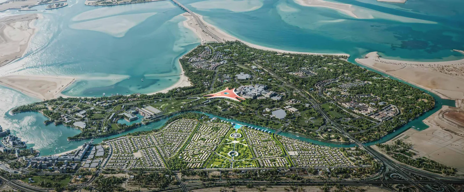 Aerial view of Yas Canal and Yas Island beside Manchester City Yas Residences