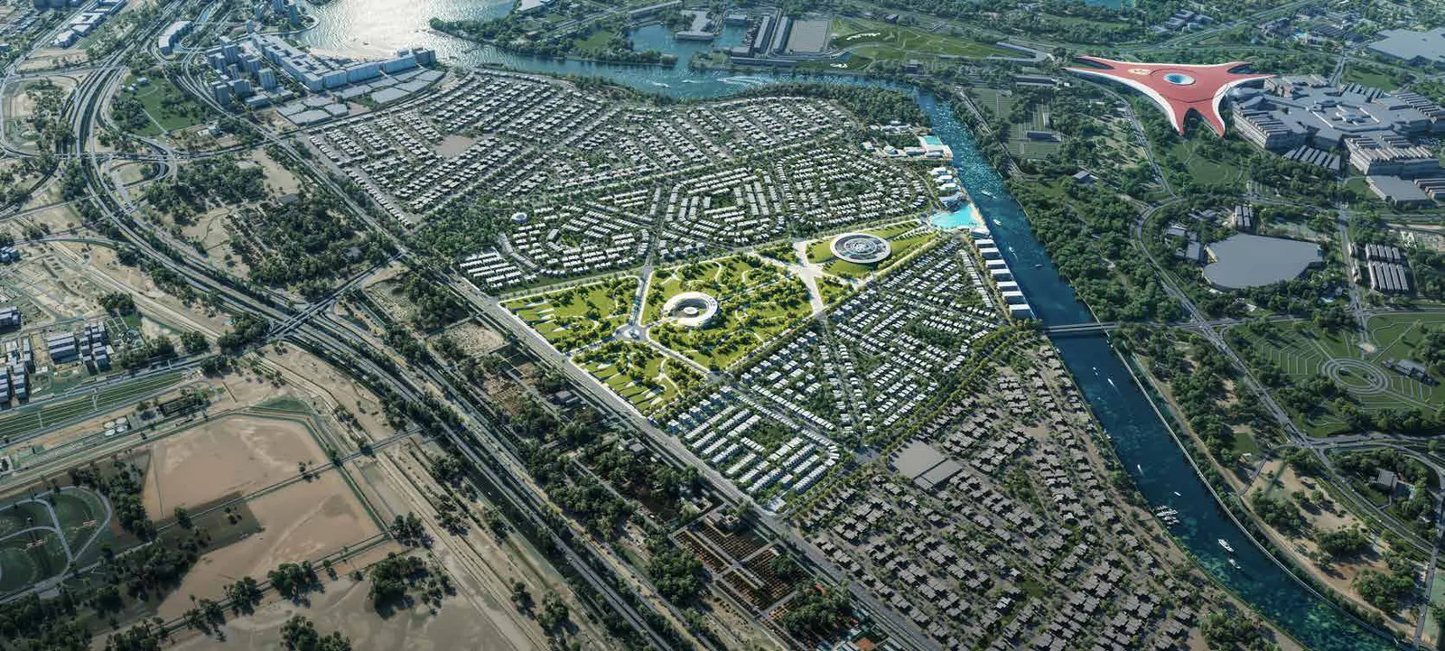 Aerial view of the Manchester City Yas Residences masterplan along Yas Canal