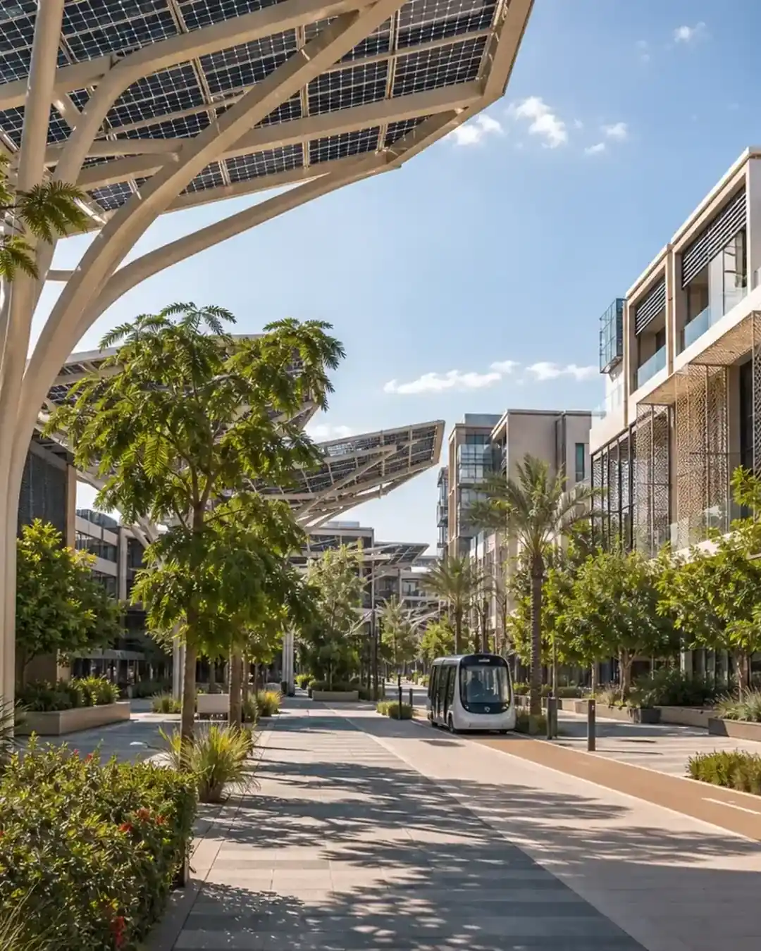 A shaded street in Masdar City under solar canopies, with an electric bus