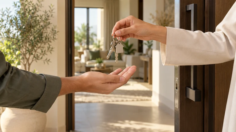 AI illustration of a hand passing apartment keys to another at an open front door