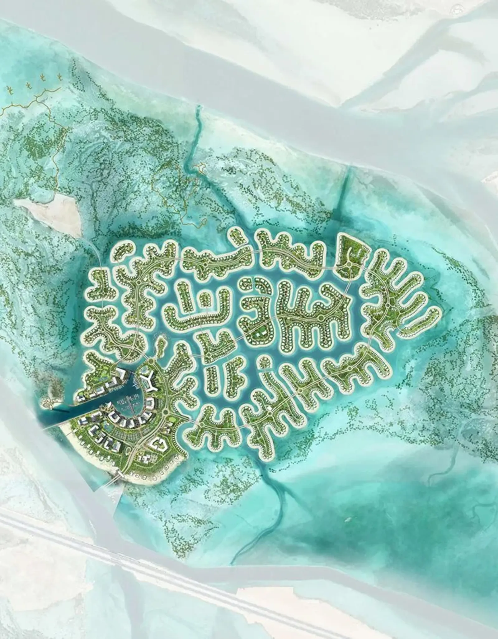 Aerial masterplan of Ramhan Island by Eagle Hills, showing the Zen and Flow villa communities