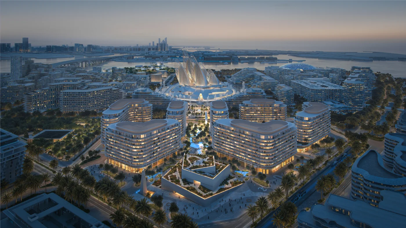 Aerial view of the Saadiyat Cultural District at dusk with The Row Saadiyat