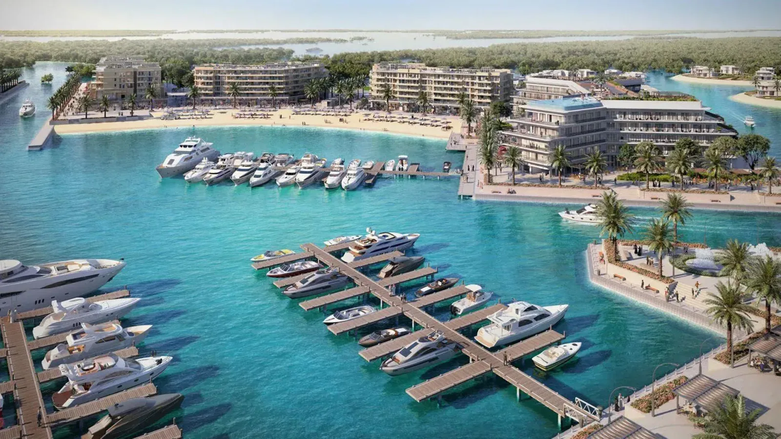 Ramhan Island by Eagle Hills, aerial view of the marina, beach and branded hotel