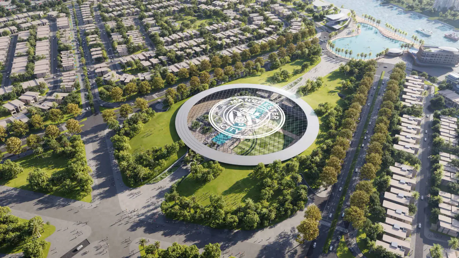 Manchester City Yas Residences by Ohana, aerial view of the Training Academy and Yas Canal masterplan