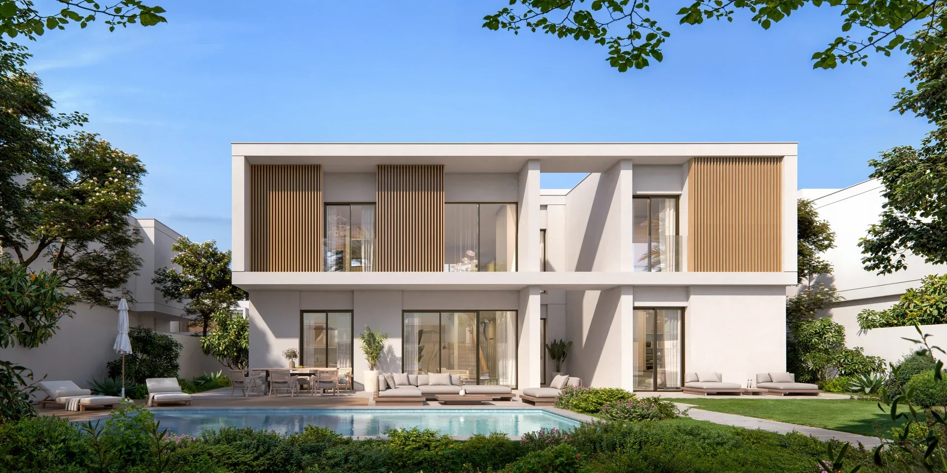 Rendering of a two-story white villa with vertical wood slat panels, a terrace with lounge seating, and a rectangular swimming pool in the foreground surrounded by greenery.