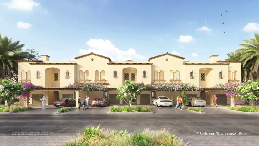 Rendering of a townhouse row with yellow walls, terracotta roofs and garage doors, with pink flowering vines, parked cars and people under a blue sky.