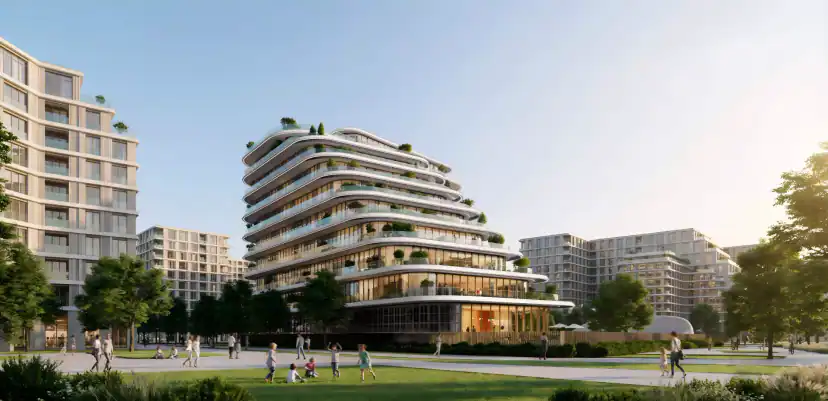تصميم ثلاثي الأبعاد لمبنى سكني أبيض منحنٍ بشرفات مزروعة بجانب حديقة، وفيها أشخاص على الممرات والعشب ومبانٍ أخرى خلفه.