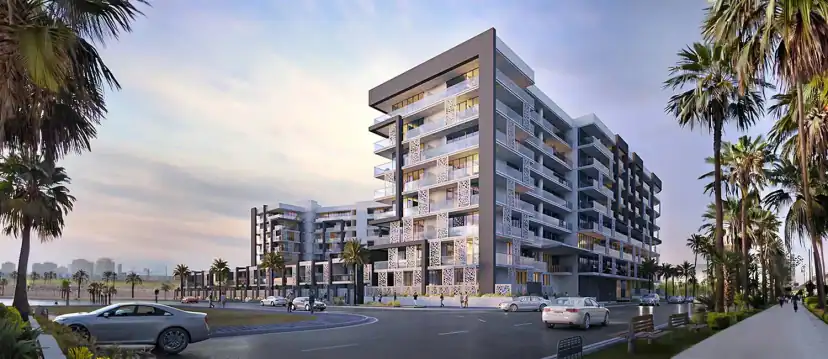 Rendering of a modern apartment building with balconies and decorative screens on a street lined with palm trees, with parked cars at the roadside.