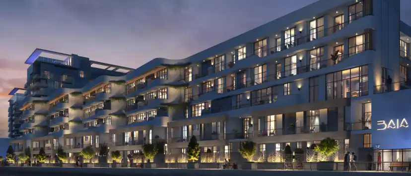Rendering of a curved multi-story apartment building at dusk with lit balconies, plants along the terraces, and trees at street level.