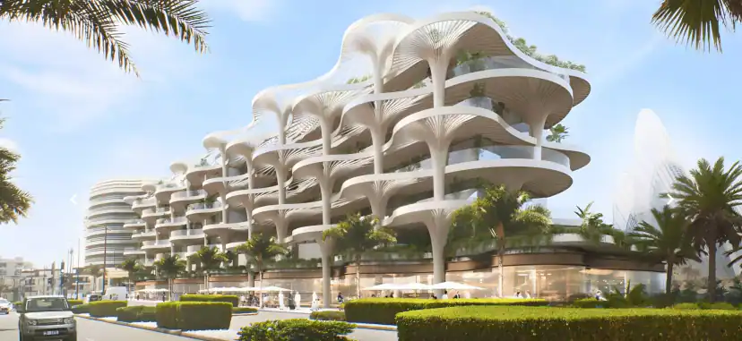Rendering of a white apartment building with wavy balconies on branching tree-shaped columns, shop frontage at ground level, trimmed hedges and palm trees in front.