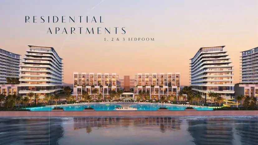 Rendering of waterfront apartment buildings at dusk, with tall curved towers flanking lower central blocks, palm trees, and a large lagoon-style pool in front.