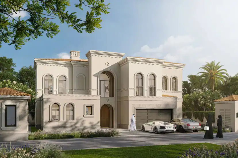 Rendering of a two-story cream villa with arched windows and a garage, with two cars in the driveway, people walking and palm trees nearby.