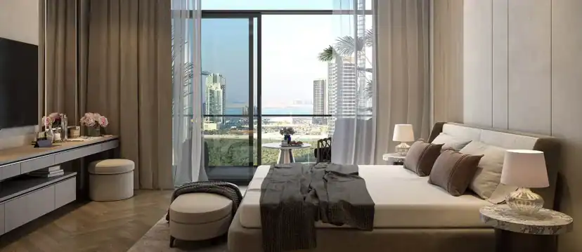 Rendered bedroom with a double bed, two bedside lamps, a dressing table on the left and a balcony door with curtains overlooking city buildings.