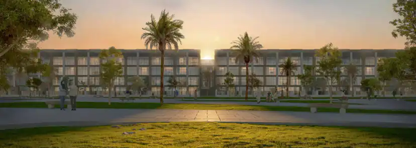 تصميم ثلاثي الأبعاد لمبنيين سكنيين طويلين من أربعة طوابق وقت الغروب، يظهران خلف عشب وممر مرصوف مع نخيل ومقاعد وشخصين واقفين على اليسار.