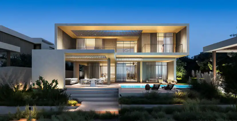 تصميم ثلاثي الأبعاد لفيلا حديثة من طابقين وقت الغروب بسقف مسطح وأبواب زجاجية كبيرة وطاولة طعام خارجية ومسبح بجانبه كراسي استرخاء.