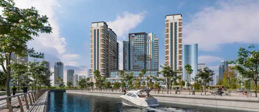 Rendering of tall apartment towers behind a water canal with a white motorboat, with a wooden boardwalk and trees along the left bank.