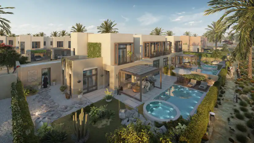 Rendering of a beige two-story house with a pergola seating area, a swimming pool and a round hot tub in the garden, surrounded by palm trees and hedges.