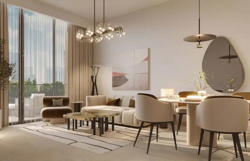 Rendering of a living and dining area with a cream sofa, brown armchair, glass chandelier, pear-shaped mirror, round dining table and tall windows with curtains.
