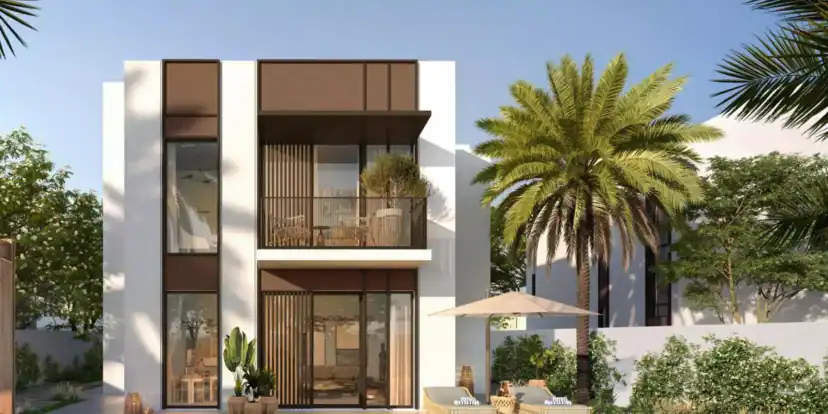 Rendering of a narrow two-story white house with brown panels and a balcony, with a tall palm tree, lounge chairs and a shade umbrella beside it.