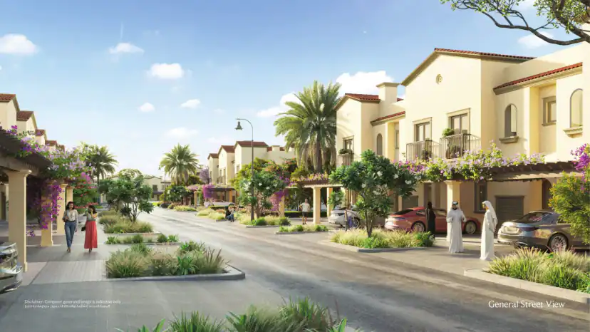 Rendering of a residential street lined with two-storey cream townhouses, red tile roofs, palm trees, flowering pergolas, parked cars and a few people walking.