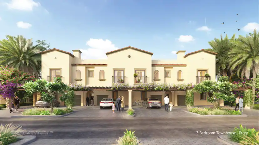 Rendering of a townhouse front with cream walls, balconies, terracotta roof tiles and garages, with trees, parked cars and a family standing outside.