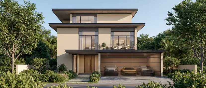 Rendering of a three-story modern house with large glass windows, an upper balcony with seating and a two-car garage, surrounded by trees and hedges.