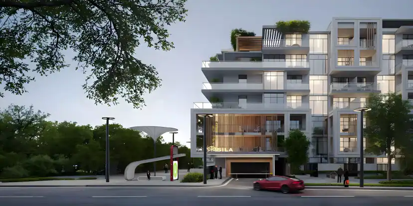 Rendering of a modern apartment building at dusk with terraced balconies, rooftop plants and a wood-clad entrance, with a red car on the road in front.