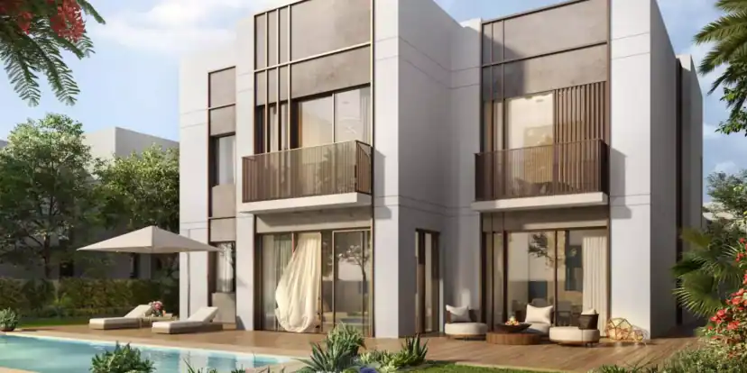 Rendering of a white two-story house with wood-toned balconies and large glass doors, with a pool, sun loungers and a shade umbrella on a wooden deck.