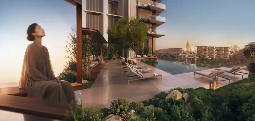 تصميم ثلاثي الأبعاد لمنطقة مسبح على سطح مبنى فيها كراسي استلقاء وشجرة بجانب برج سكني، وامرأة بثوب فضفاض تجلس على منصة خشبية في المقدمة.