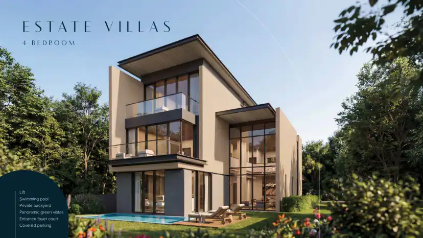 Rendering of a modern three-story villa with a glass balcony and a small pool with loungers on the lawn; a title and a list of features appear on the picture.