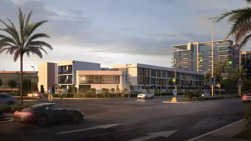 Rendering of a low white and glass building beside a road junction at dusk, with palm trees, a dark parked car and a taller block behind.
