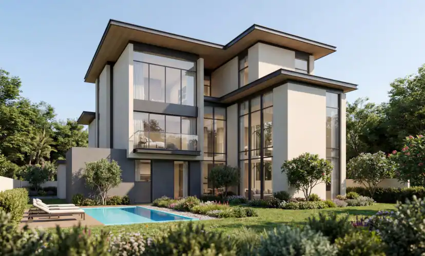 Rendering of a modern three-story house with large glass panels and flat overhanging roofs, a small rectangular pool and sun loungers on a lawn with shrubs.