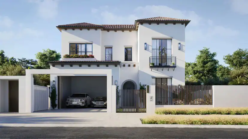 تصميم ثلاثي الأبعاد لمنزل أبيض من طابقين بسقف قرميدي وشرفة صغيرة ومظلة سيارات مفتوحة تضم سيارتين بجانب بوابة من الشرائح.