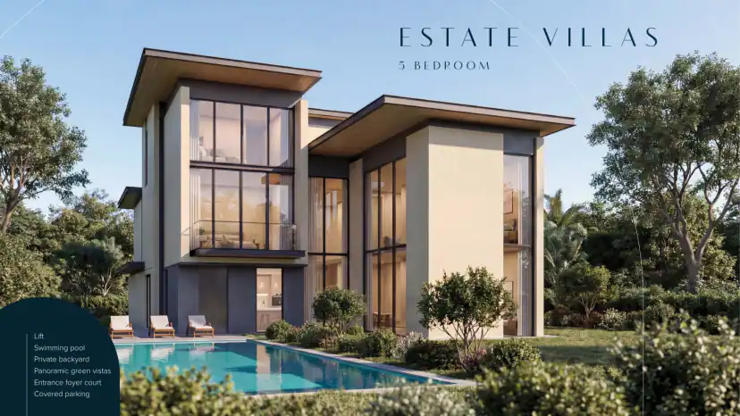 Rendering of a modern two-story villa with tall glass windows, a large pool in the foreground and sun loungers beside it; a title and feature list appear on the picture.