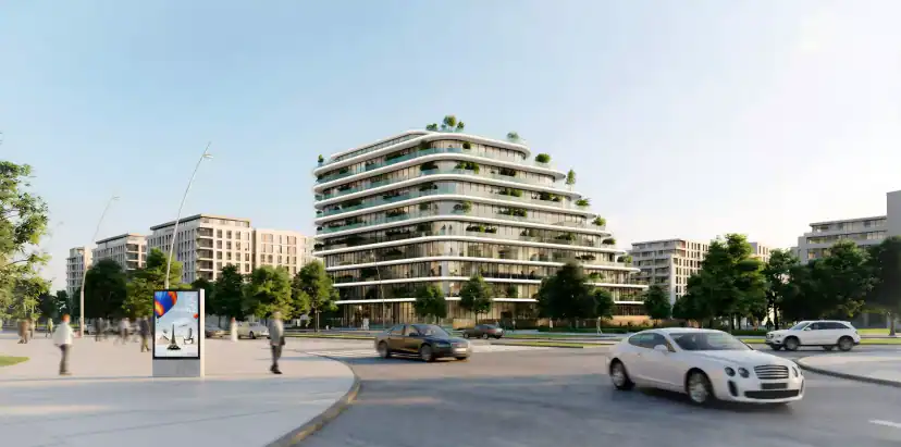 تصميم ثلاثي الأبعاد لمبنى سكني متدرج بشرفات خضراء من تقاطع طرق، وتمر أمامه سيارة بيضاء وسيارة سيدان داكنة.