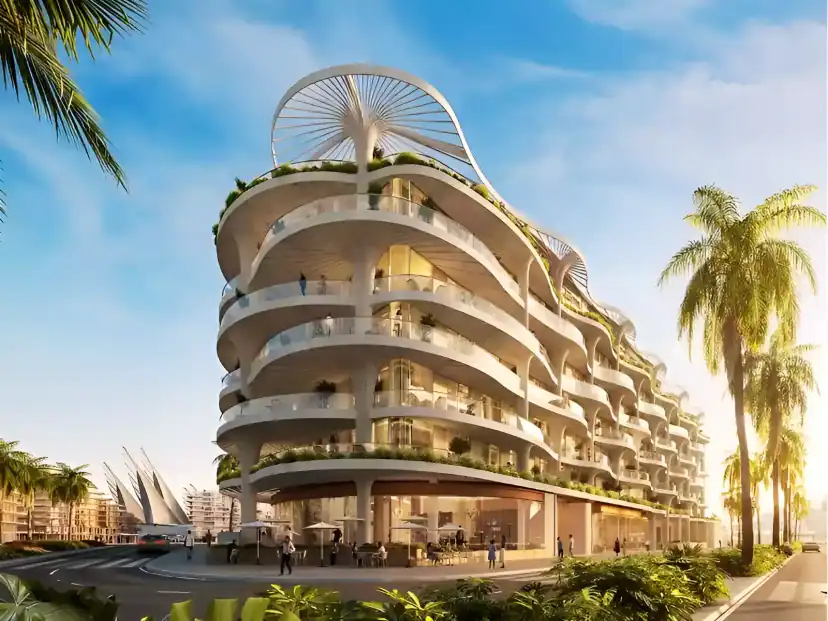 Rendering of a curved white apartment building with planted balconies and a fan-shaped structure on the roof, with palm trees and a street in the foreground.